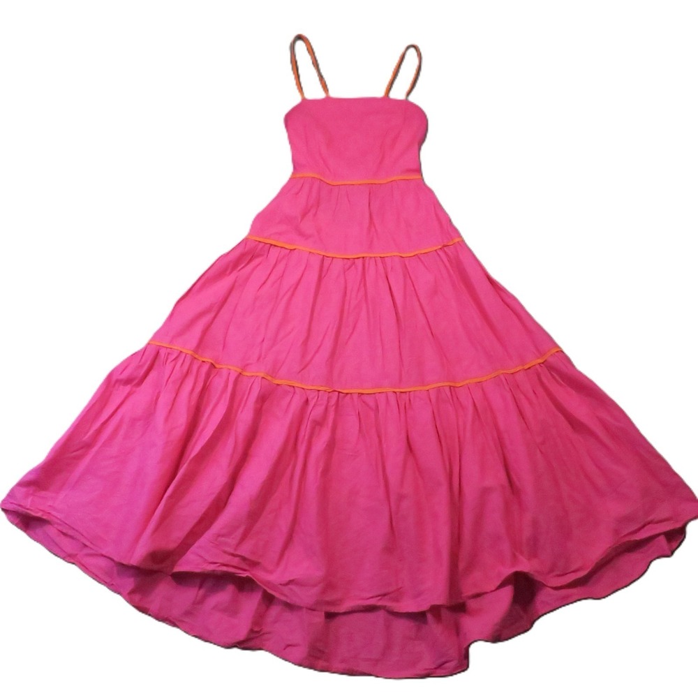 Vernacular Linen Blend Tiered Maxi Dress M Hot Pink Strappy Backless Summer